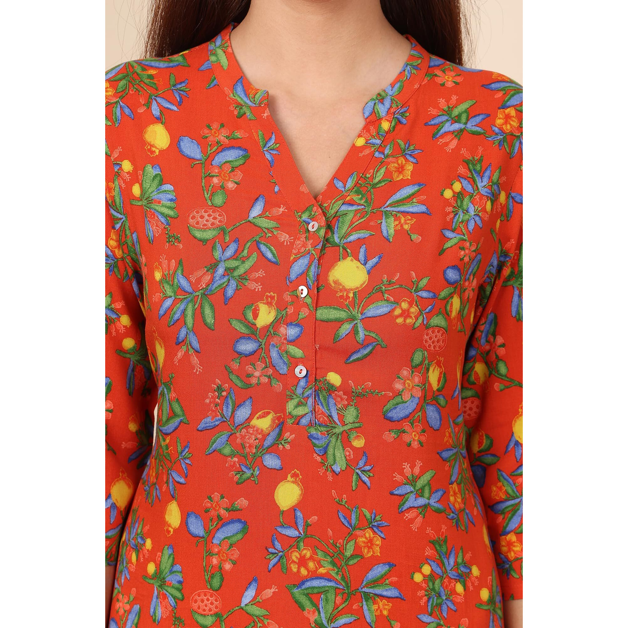 W For Woman Orange Floral Printed Rayon Straight Kurta (Size Xl)-24Auw11920-124867