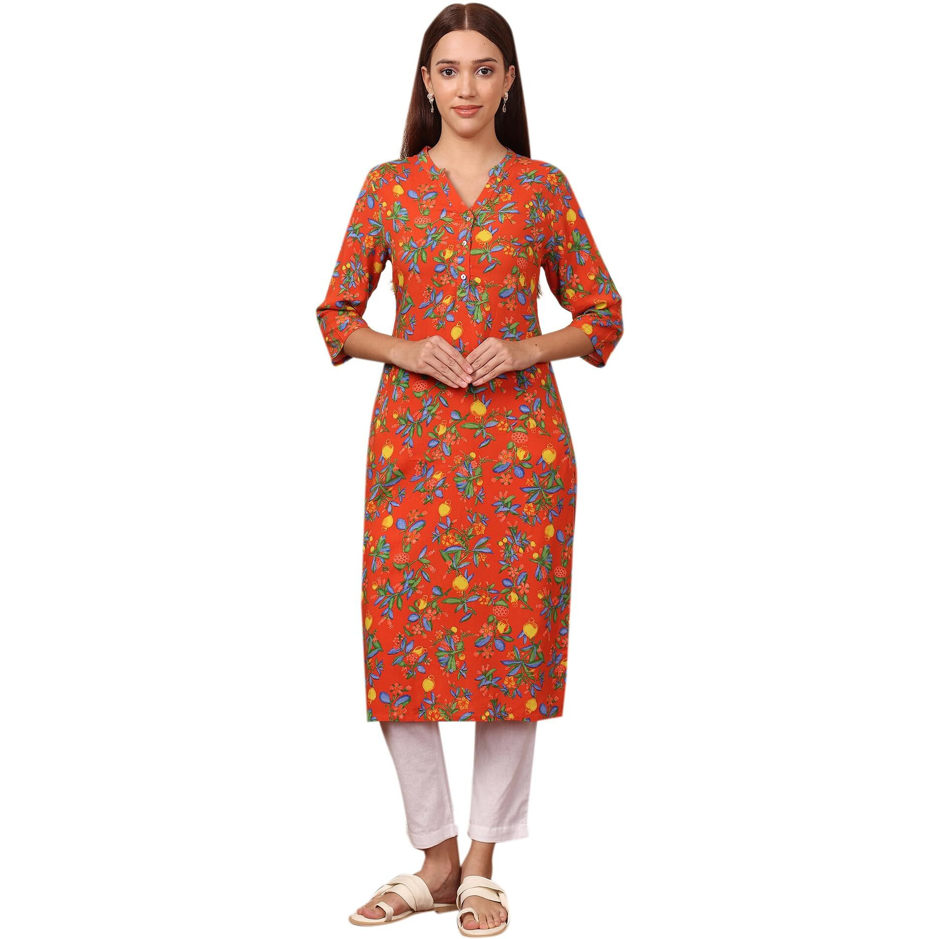 W For Woman Orange Floral Printed Rayon Straight Kurta (Size 3Xl)-24Auw11920-124867