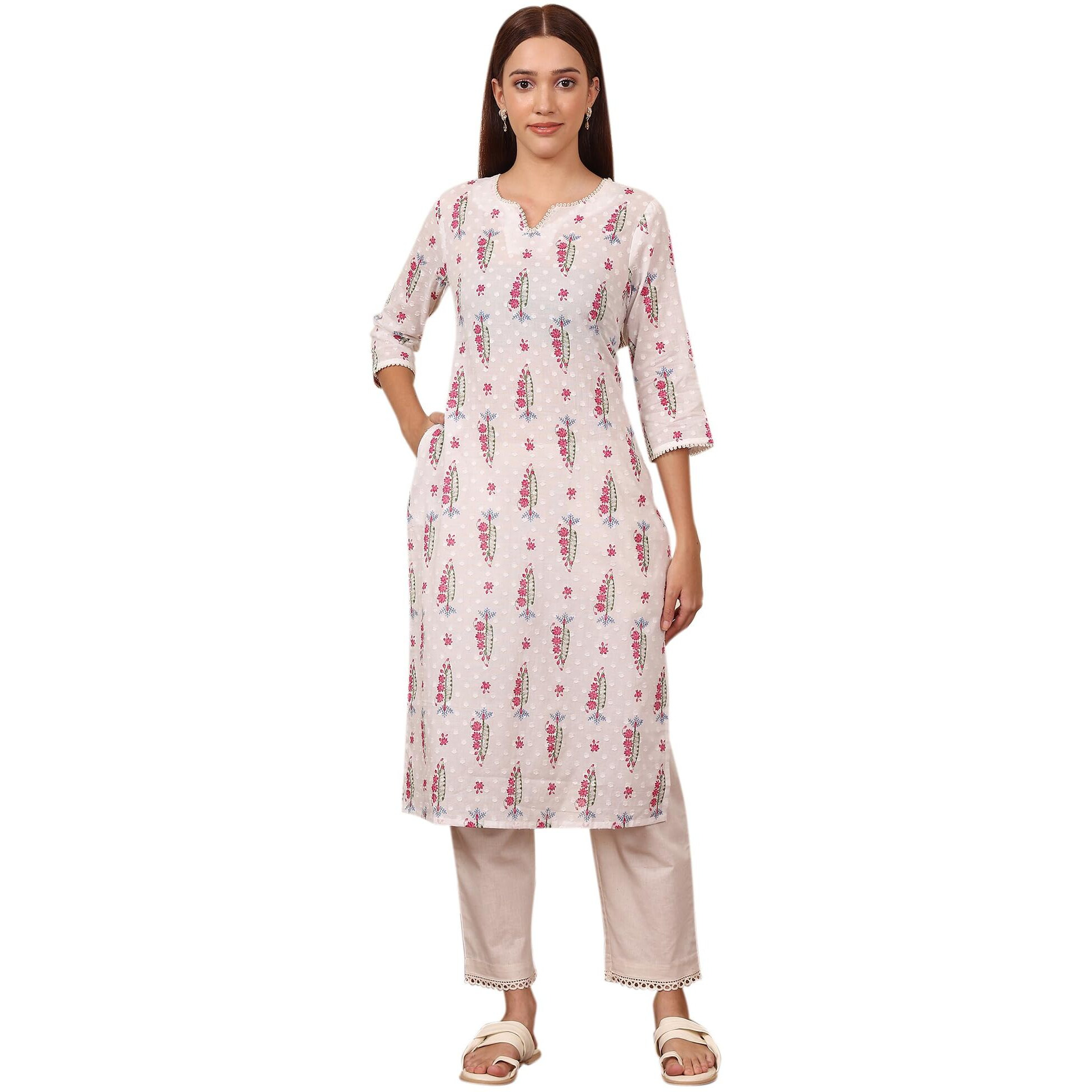 W For Woman White Floral & Leaf Printed Textured Pure Cotton Straight Kurta (Size 3Xl)-24Auw12019-124748