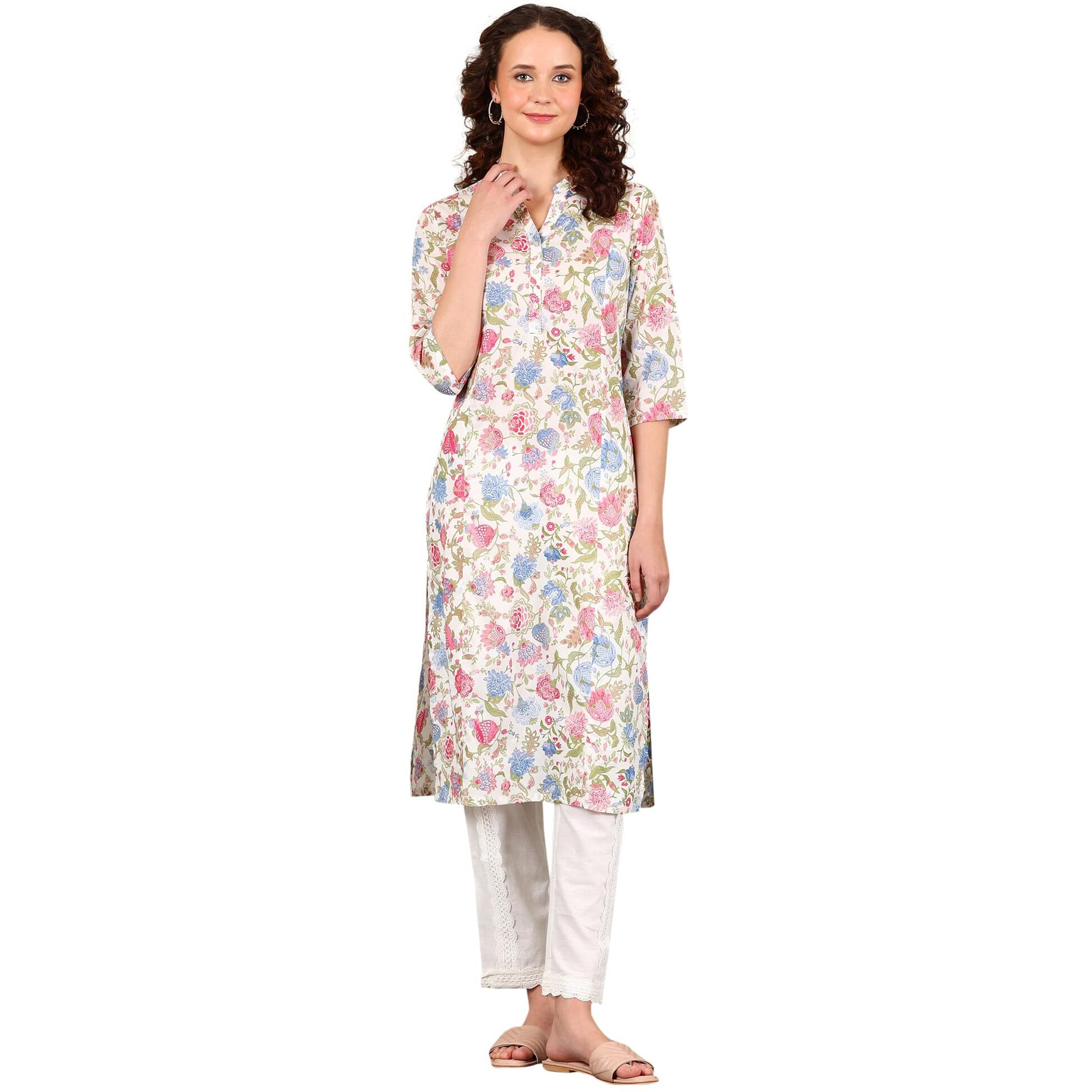 W For Woman White Floral Printed Pure Cotton Straight Kurta (Size M)-24Auw12021-124772