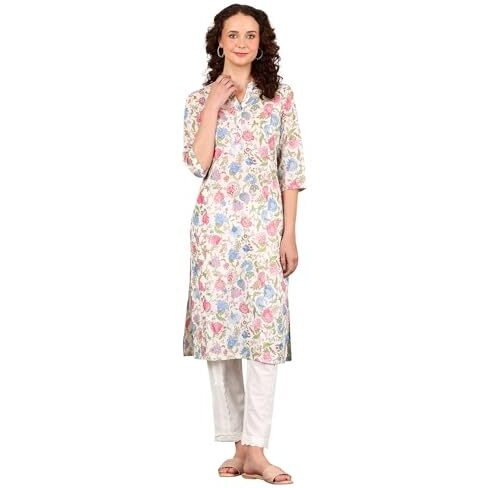 W For Woman White Floral Printed Pure Cotton Straight Kurta (Size L)-24Auw12021-124772