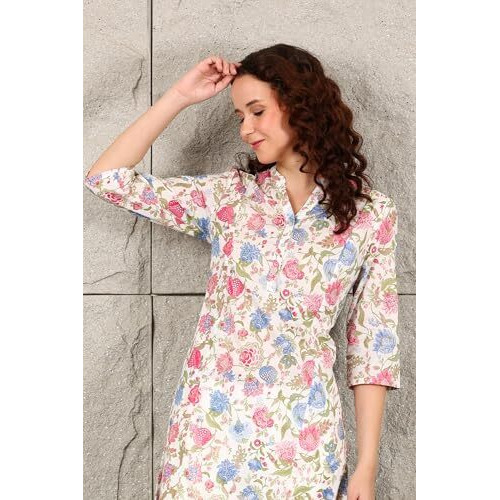 W For Woman White Floral Printed Pure Cotton Straight Kurta (Size L)-24Auw12021-124772