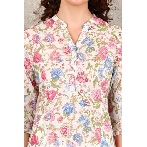 W For Woman White Floral Printed Pure Cotton Straight Kurta (Size L)-24Auw12021-124772
