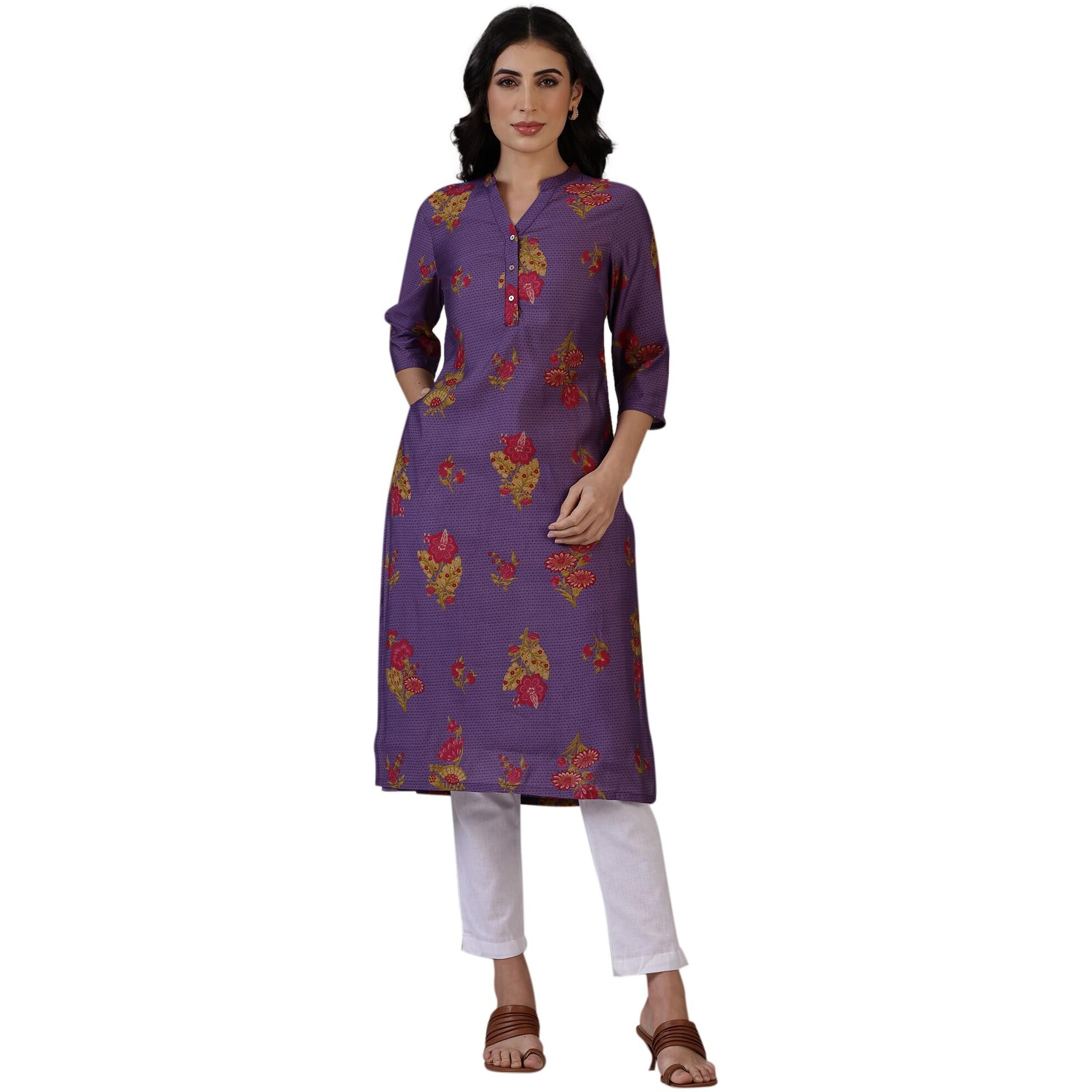 W For Woman Purple Floral Printed Mandarin Collar Kurta (Size L)-24Auw12022-124763
