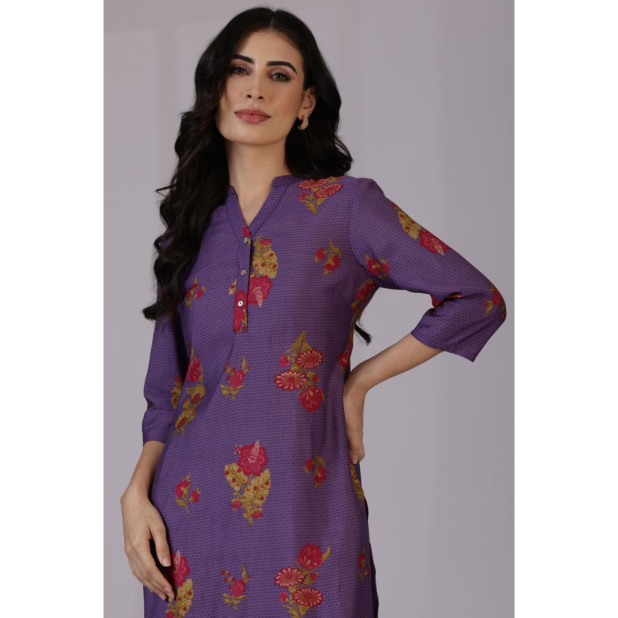 W For Woman Purple Floral Printed Mandarin Collar Kurta (Size L)-24Auw12022-124763