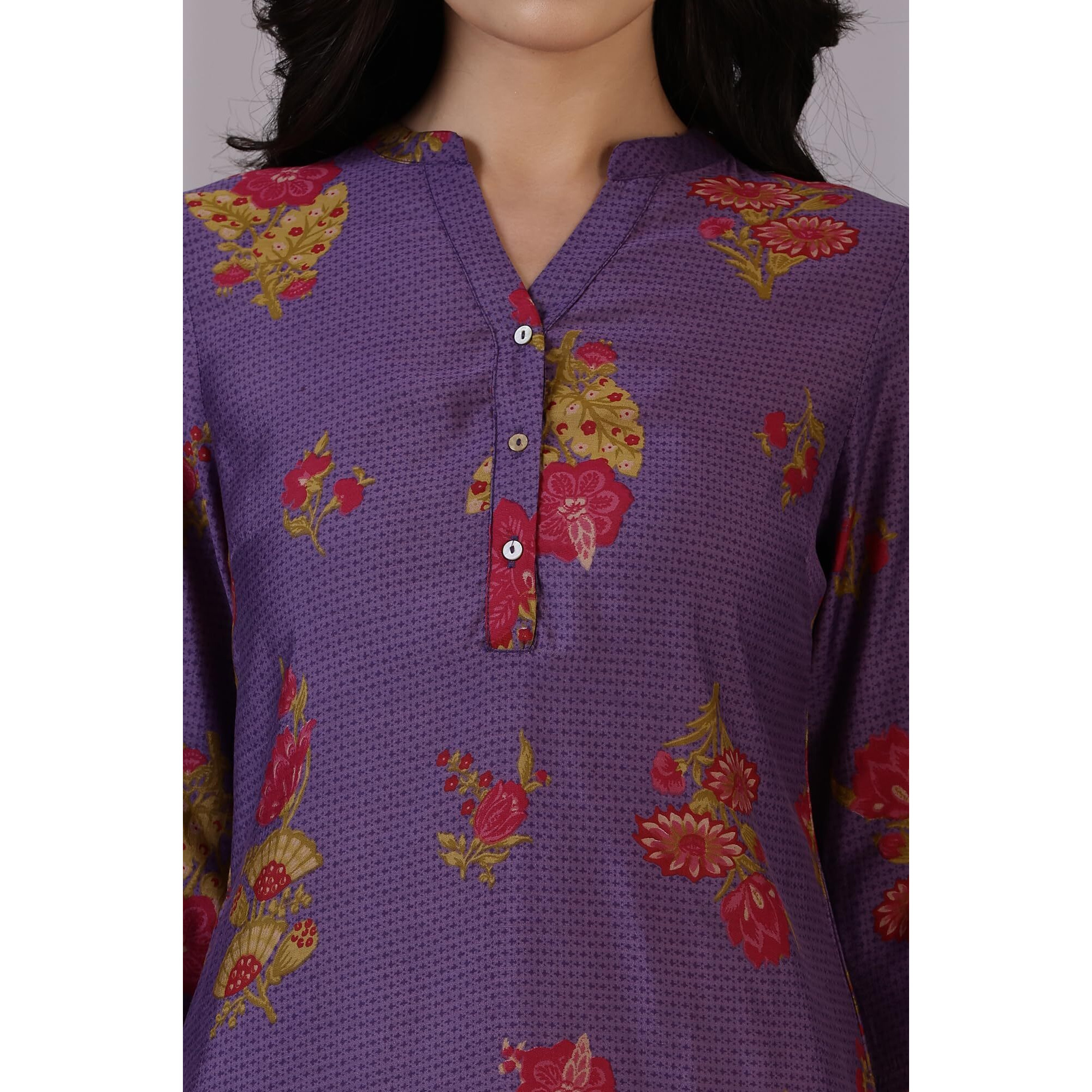 W For Woman Purple Floral Printed Mandarin Collar Kurta (Size L)-24Auw12022-124763
