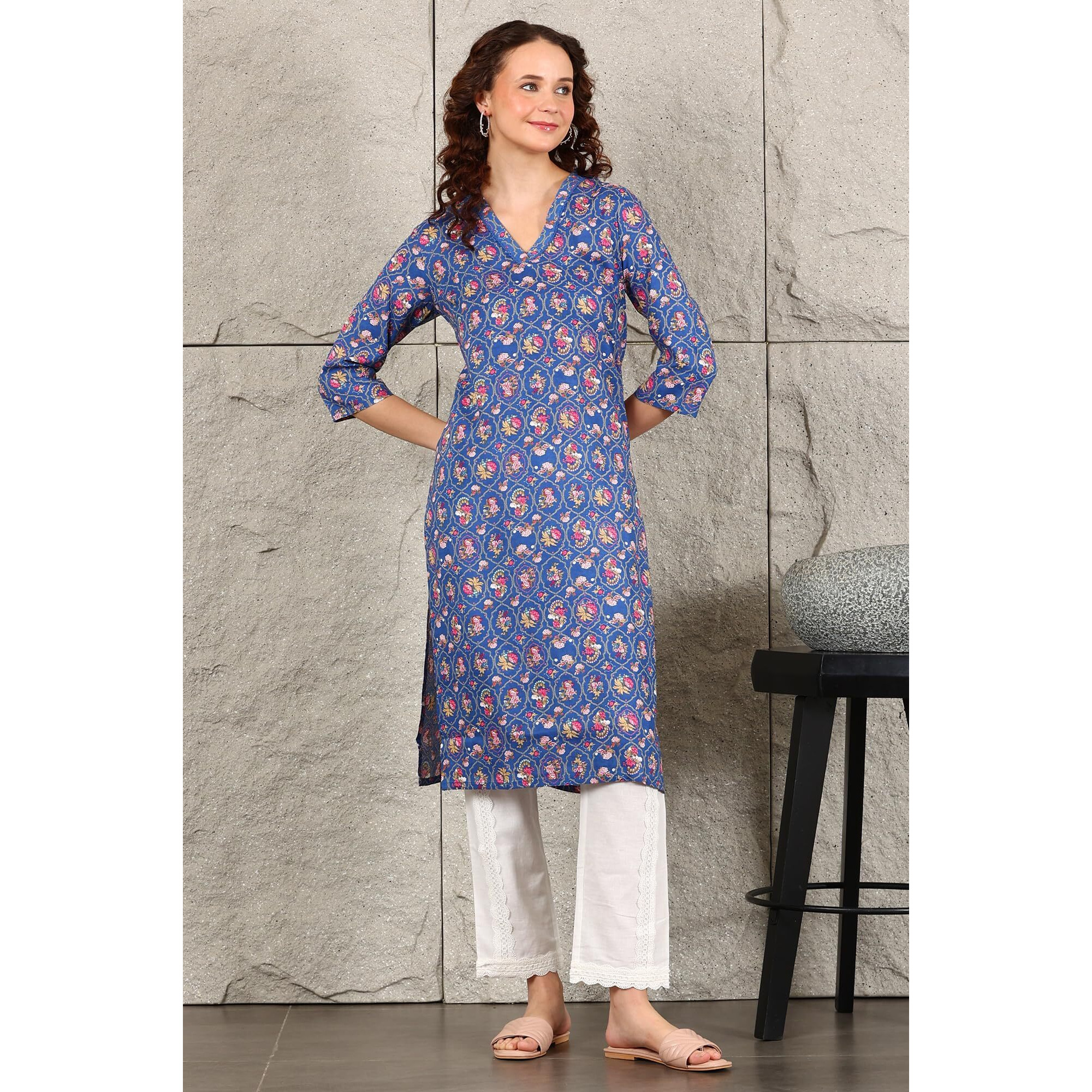 W For Woman Blue Small Buti Floral Printed Straight Kurta With Lace V-Neck (Size L)-24Auw12024-124764