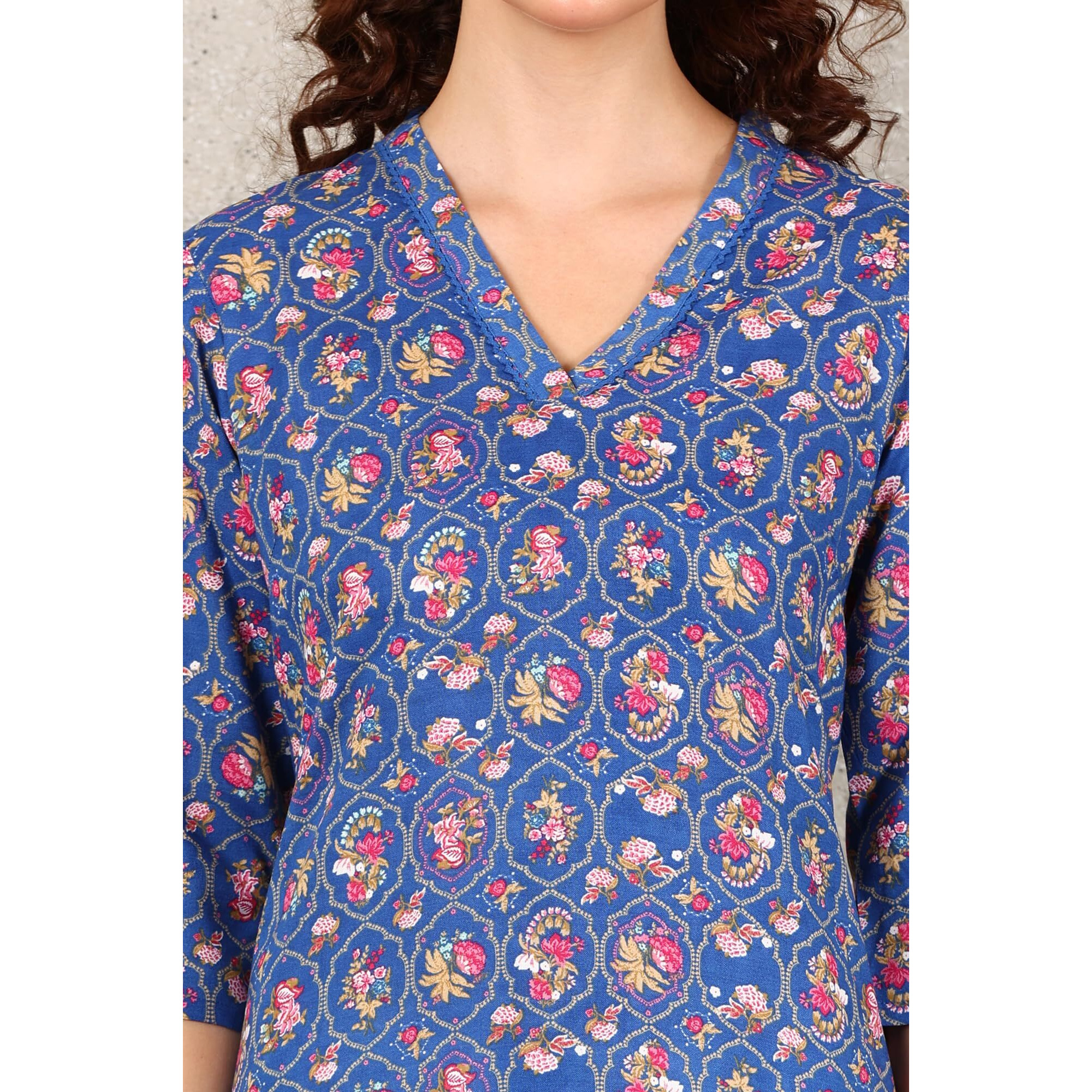 W For Woman Blue Small Buti Floral Printed Straight Kurta With Lace V-Neck (Size L)-24Auw12024-124764