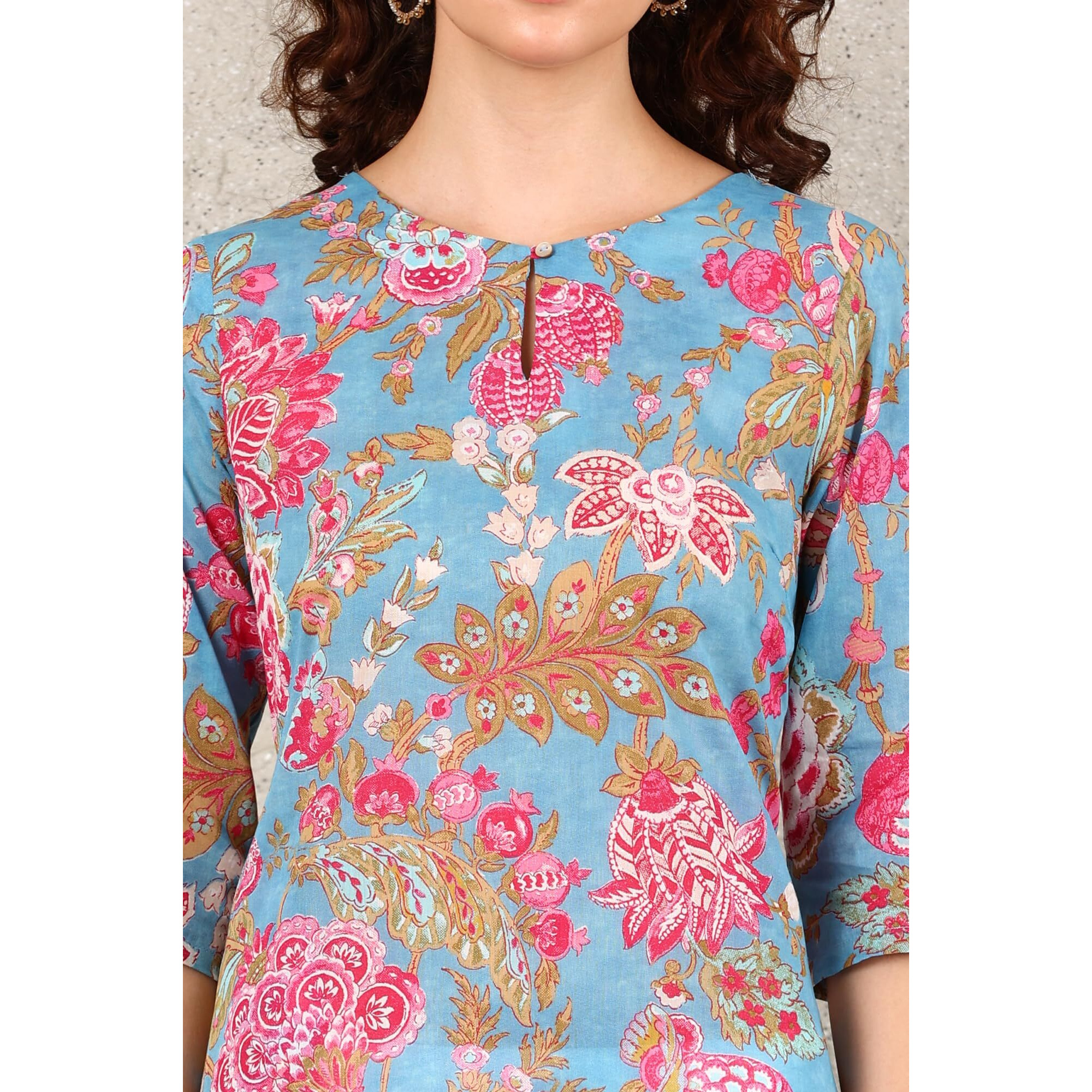 W For Woman Sky Blue Floral Printed Pure Cotton Straight Kurta (Size M)-24Auw12025-124760