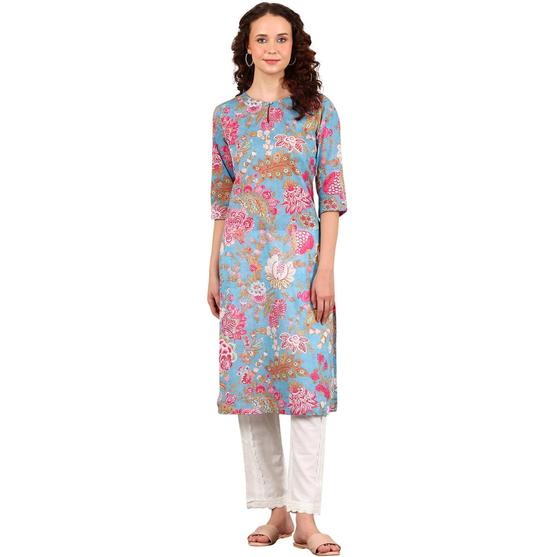 W For Woman Sky Blue Floral Printed Pure Cotton Straight Kurta (Size S)-24Auw12025-124760