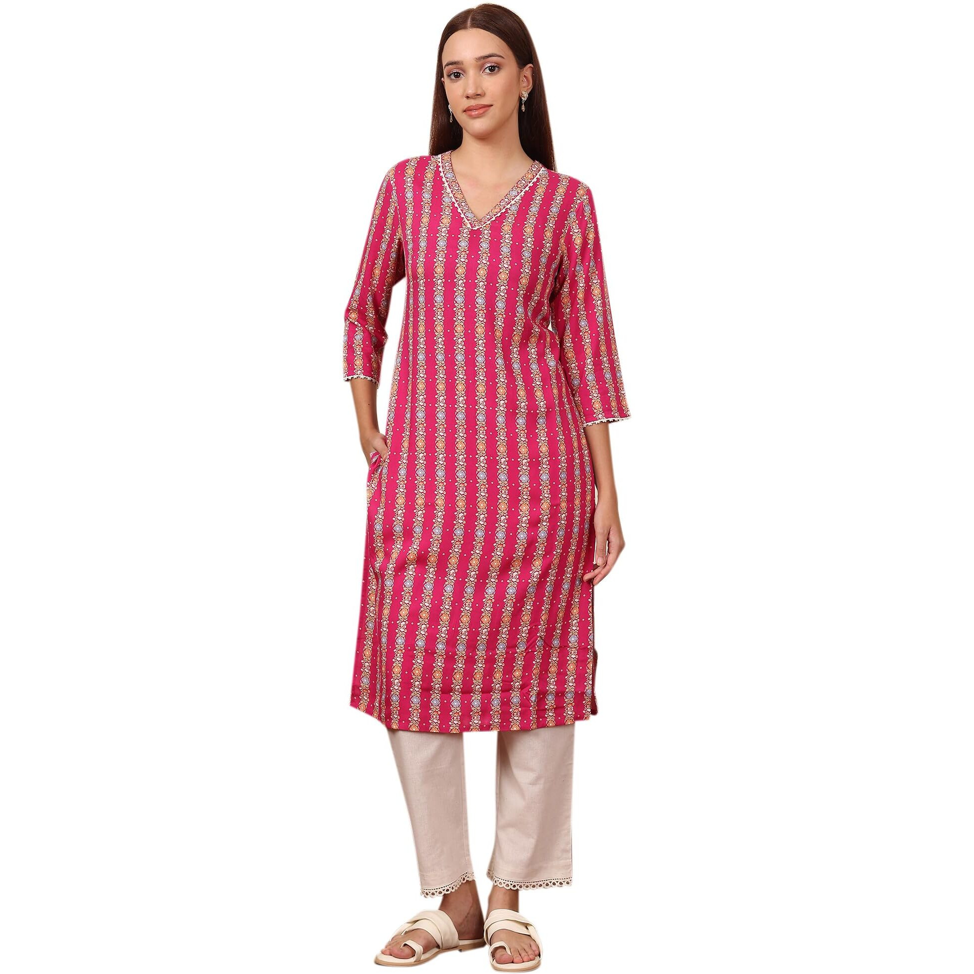 W For Woman Fuchsia Pink Floral Printed V-Neck Rayon Kurta (Size M)-24Auw12215-124814