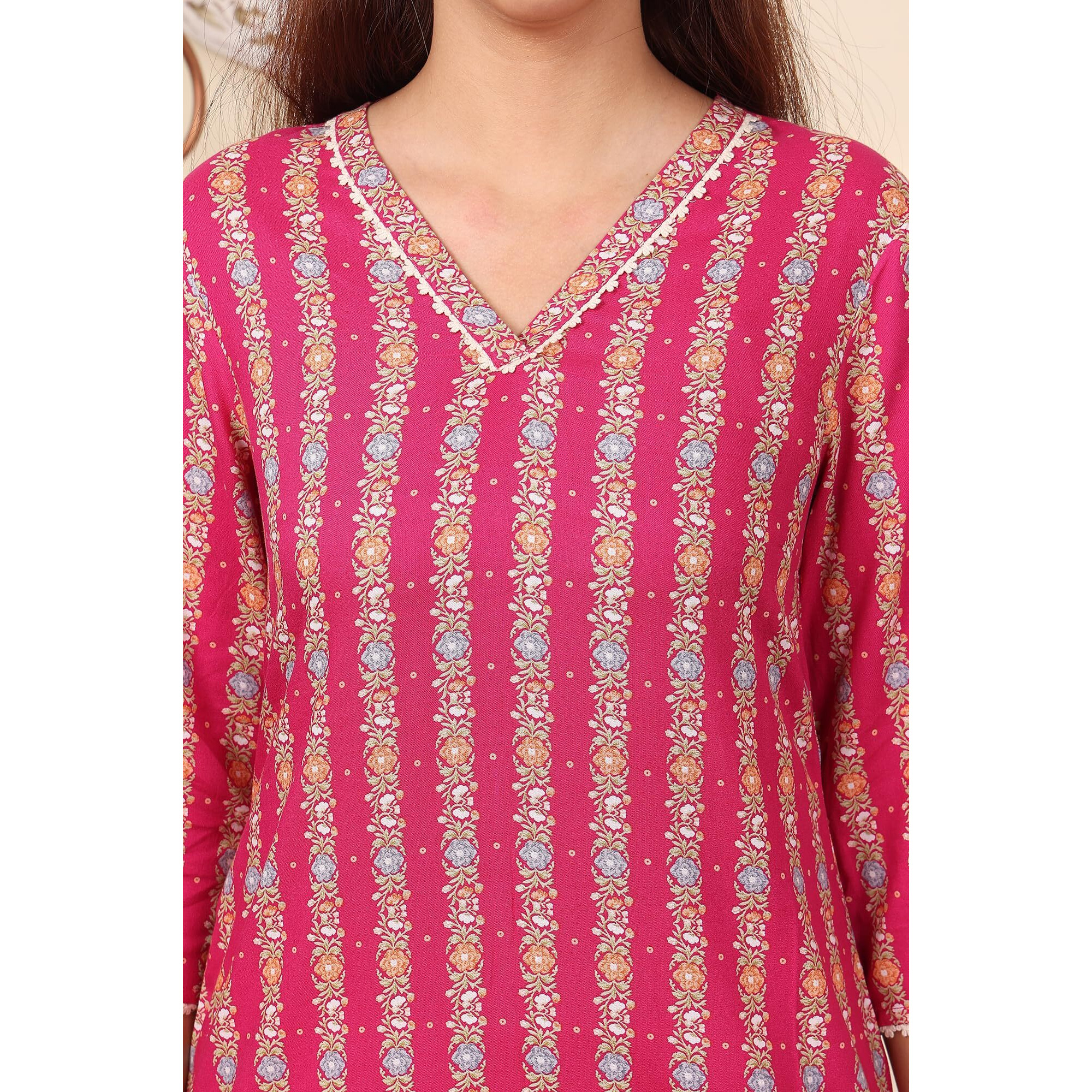 W For Woman Fuchsia Pink Floral Printed V-Neck Rayon Kurta (Size Xs)-24Auw12215-124814