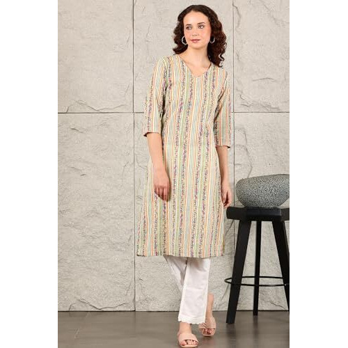 W For Woman Off White Floral Printed And Multi-Coloured Stripe Printed Cotton Blend Kurta (Size M)-24Auw12216-124962