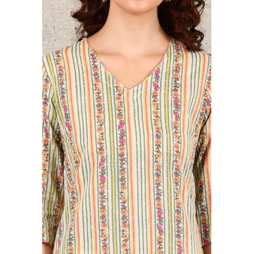 W For Woman Off White Floral Printed And Multi-Coloured Stripe Printed Cotton Blend Kurta (Size M)-24Auw12216-124962