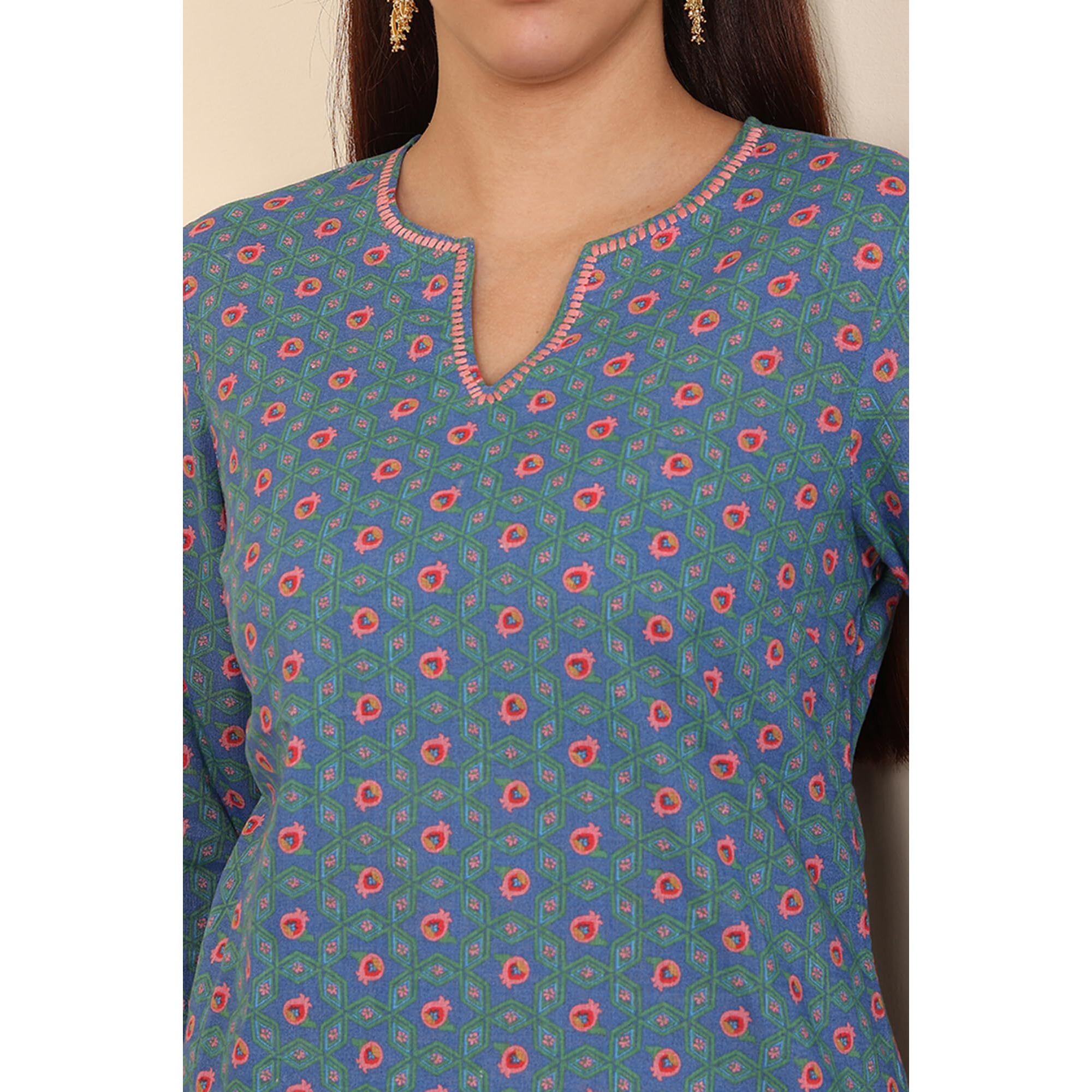 W For Woman Blue Geometric Printed Pure Cotton Straight Kurta (Size Xxl)-24Auw12218-124823