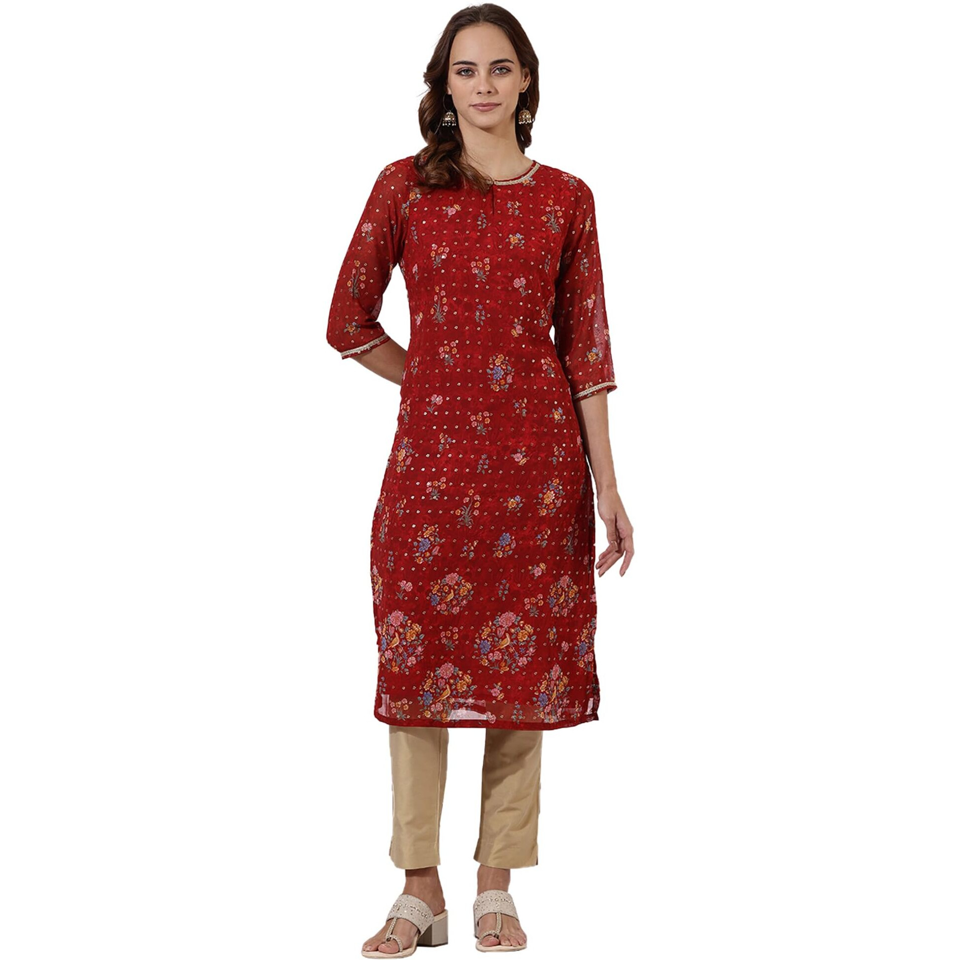 W For Woman Red Printed Lace Straight Kurta (Size L)-24Auw12219-124882