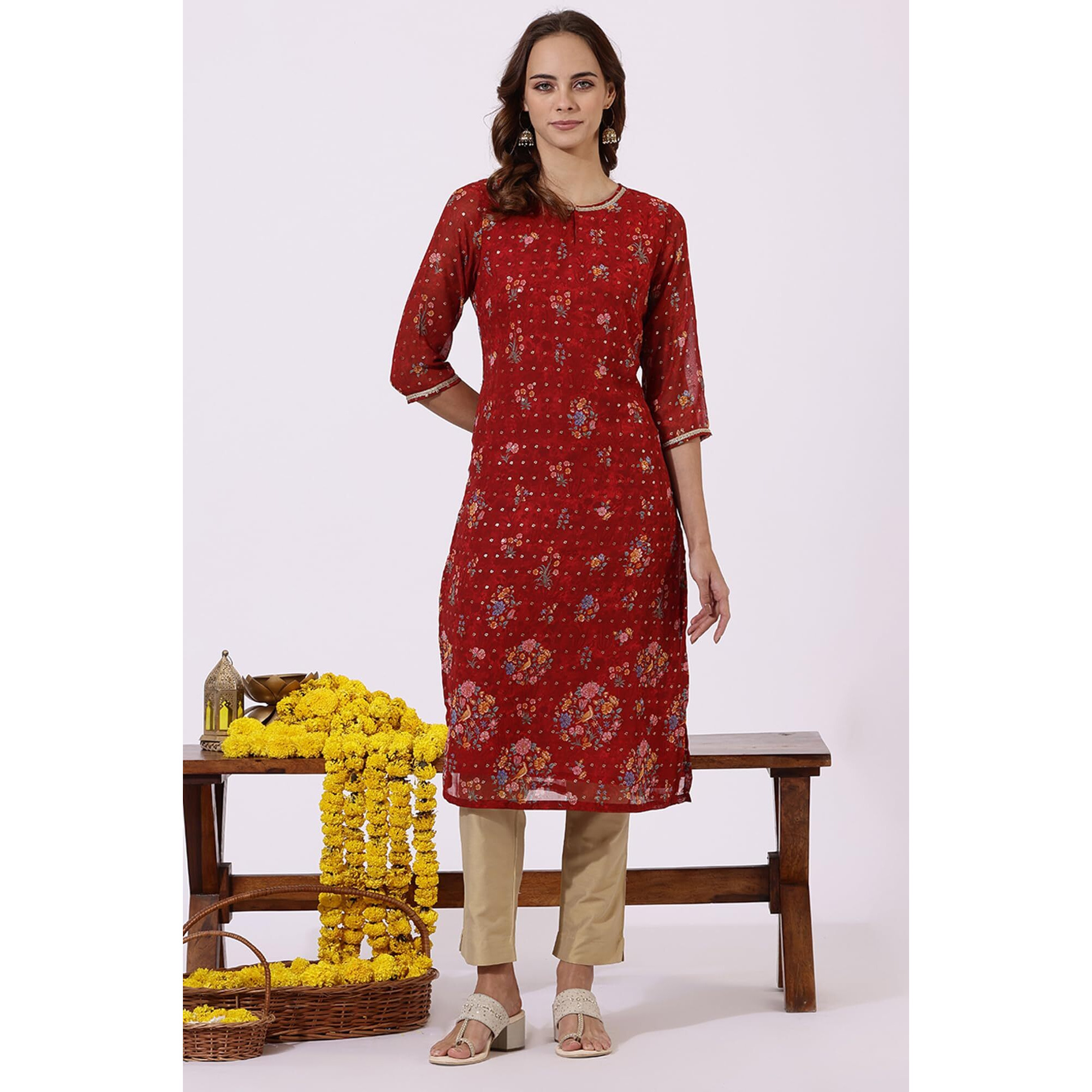 W For Woman Red Printed Lace Straight Kurta (Size L)-24Auw12219-124882