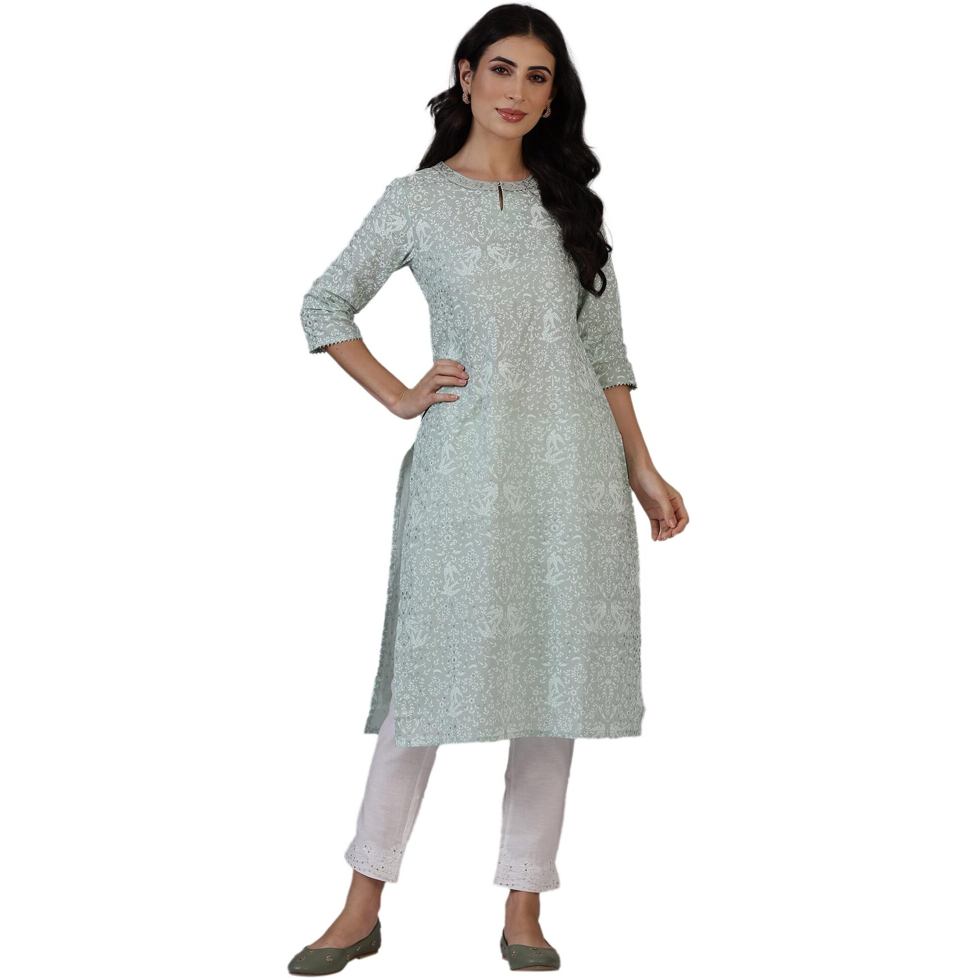 W For Woman Mint Green Floral Printed Pure Cotton Kurta With Zari Embroidery (Size M)-24Auw12221-124499