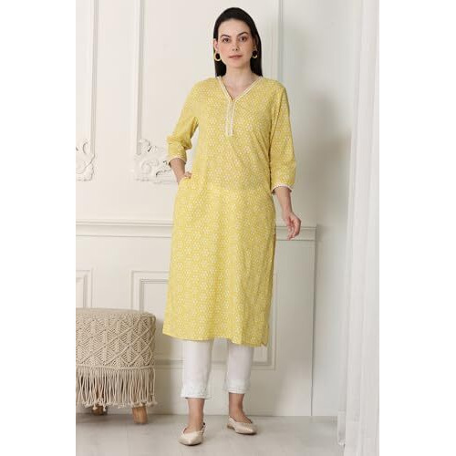 W For Woman Yellow Floral Printed Pure Cotton Soft & Breathable Kurta With Lace_24Auw12222-124843_L