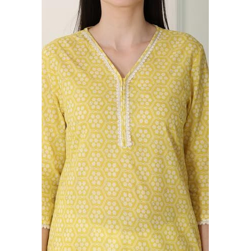 W For Woman Yellow Floral Printed Pure Cotton Soft & Breathable Kurta With Lace_24Auw12222-124843_L