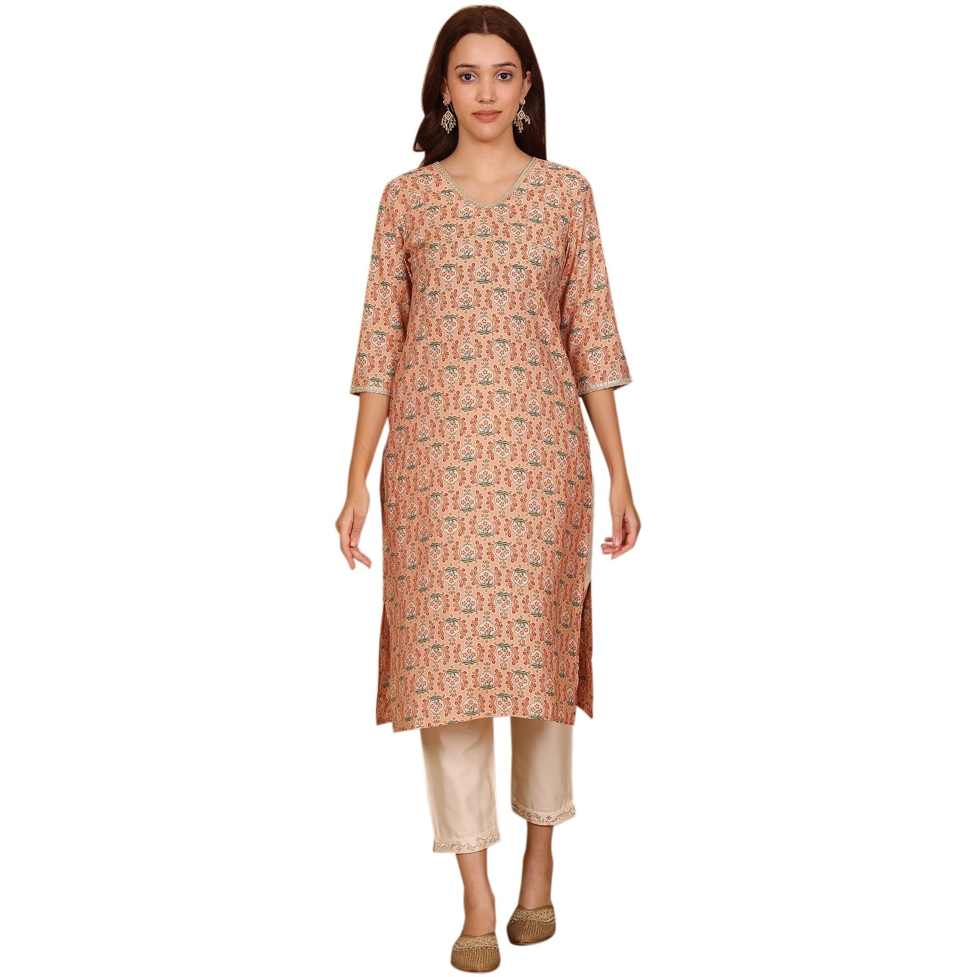 W For Woman Peach Floral Printed Straight Kurta With Lace Highlight (Size L)-24Auw12224-124840