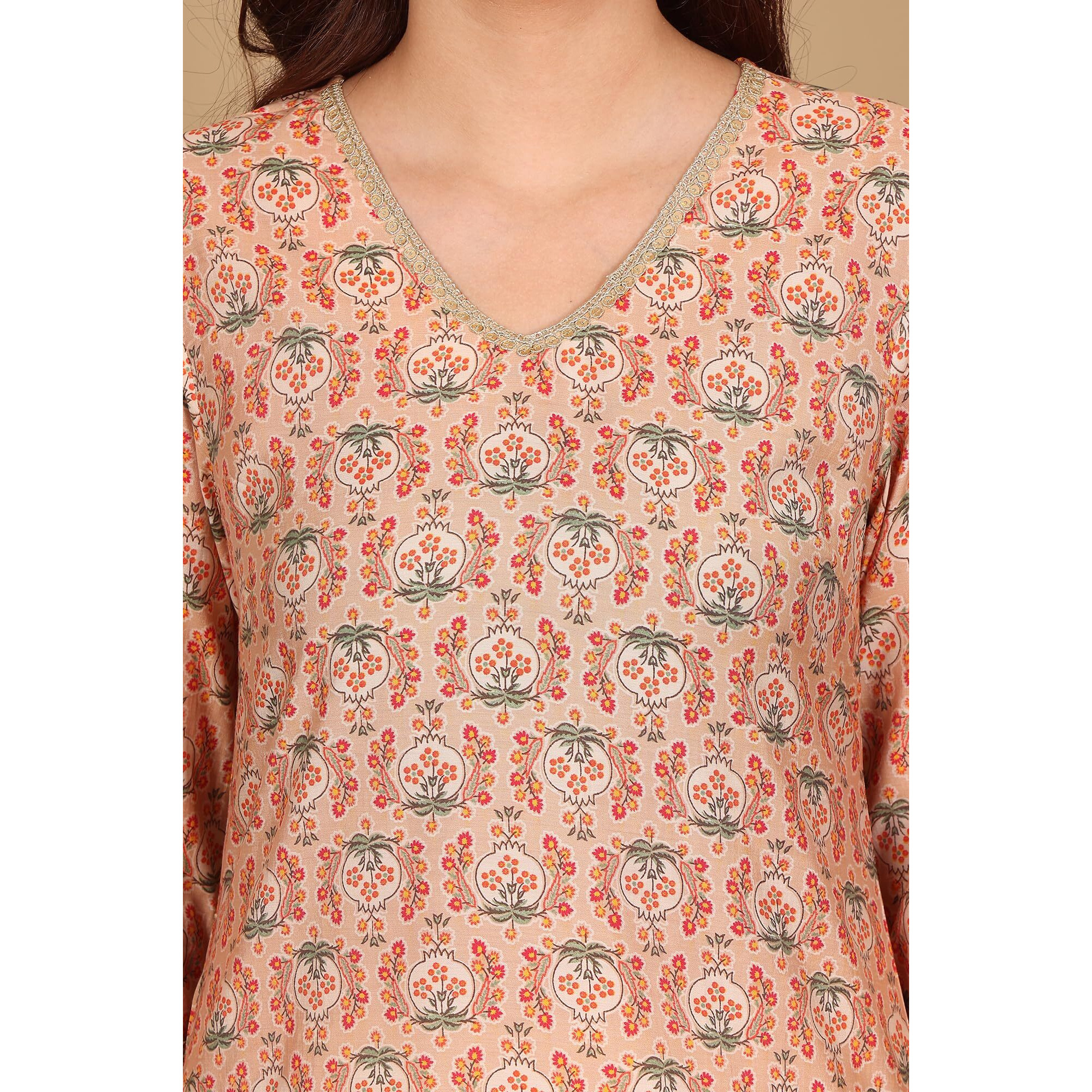 W For Woman Peach Floral Printed Straight Kurta With Lace Highlight (Size L)-24Auw12224-124840