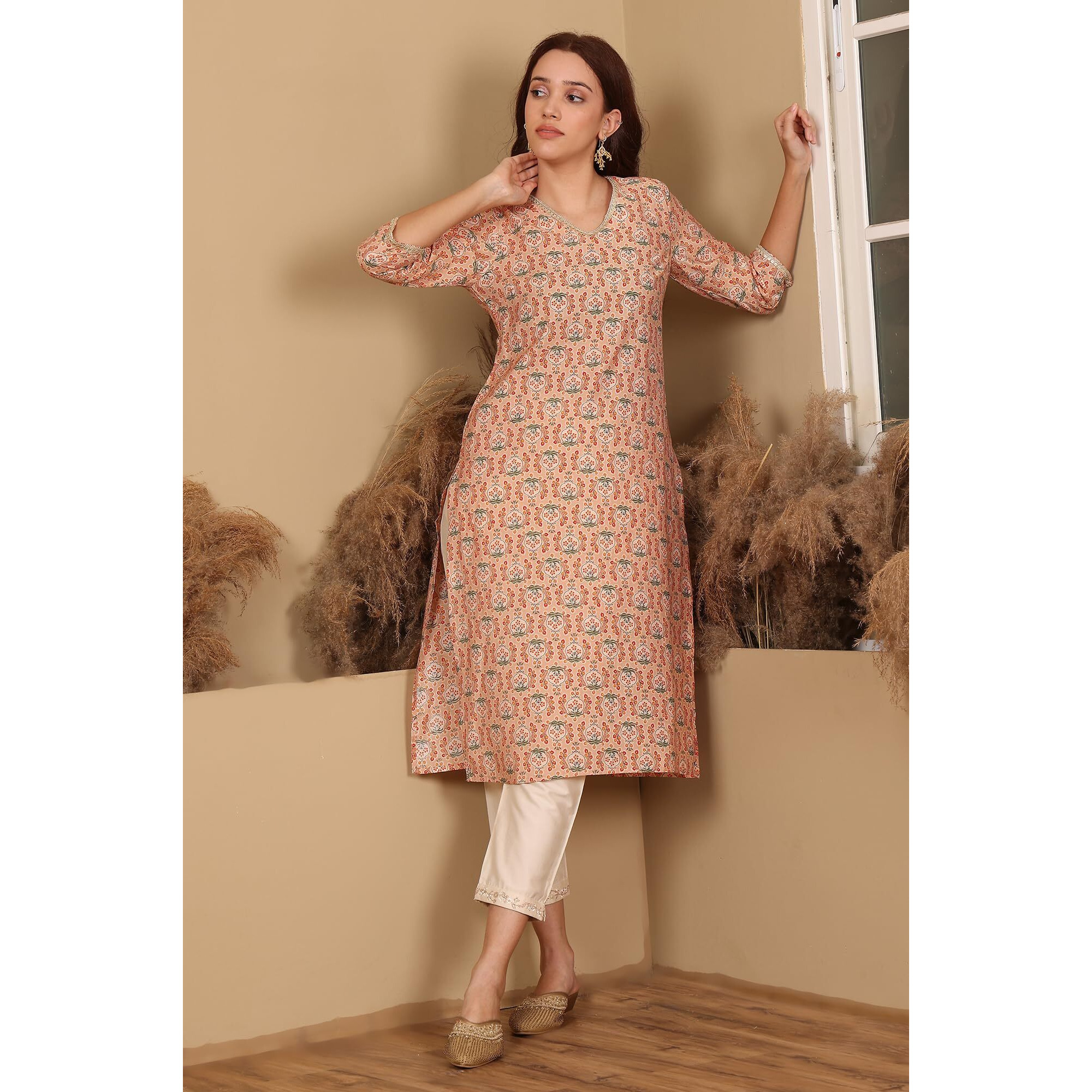 W For Woman Peach Floral Printed Straight Kurta With Lace Highlight (Size 3Xl)-24Auw12224-124840