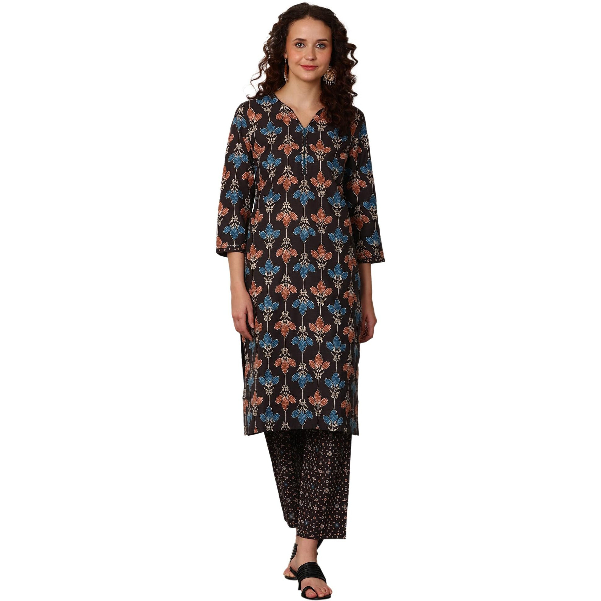 W For Woman Black Floral Printed Pure Cotton Kurta And Pants Co-Ord Set (Size Xxl)-24Auws11934-124955