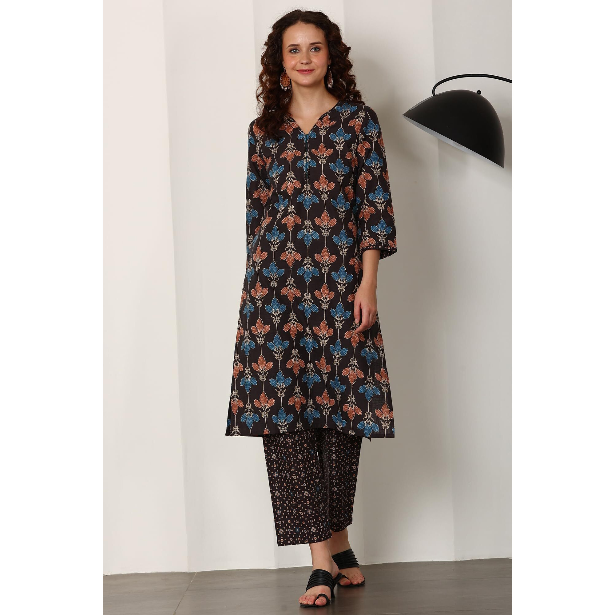 W For Woman Black Floral Printed Pure Cotton Kurta And Pants Co-Ord Set (Size Xxl)-24Auws11934-124955