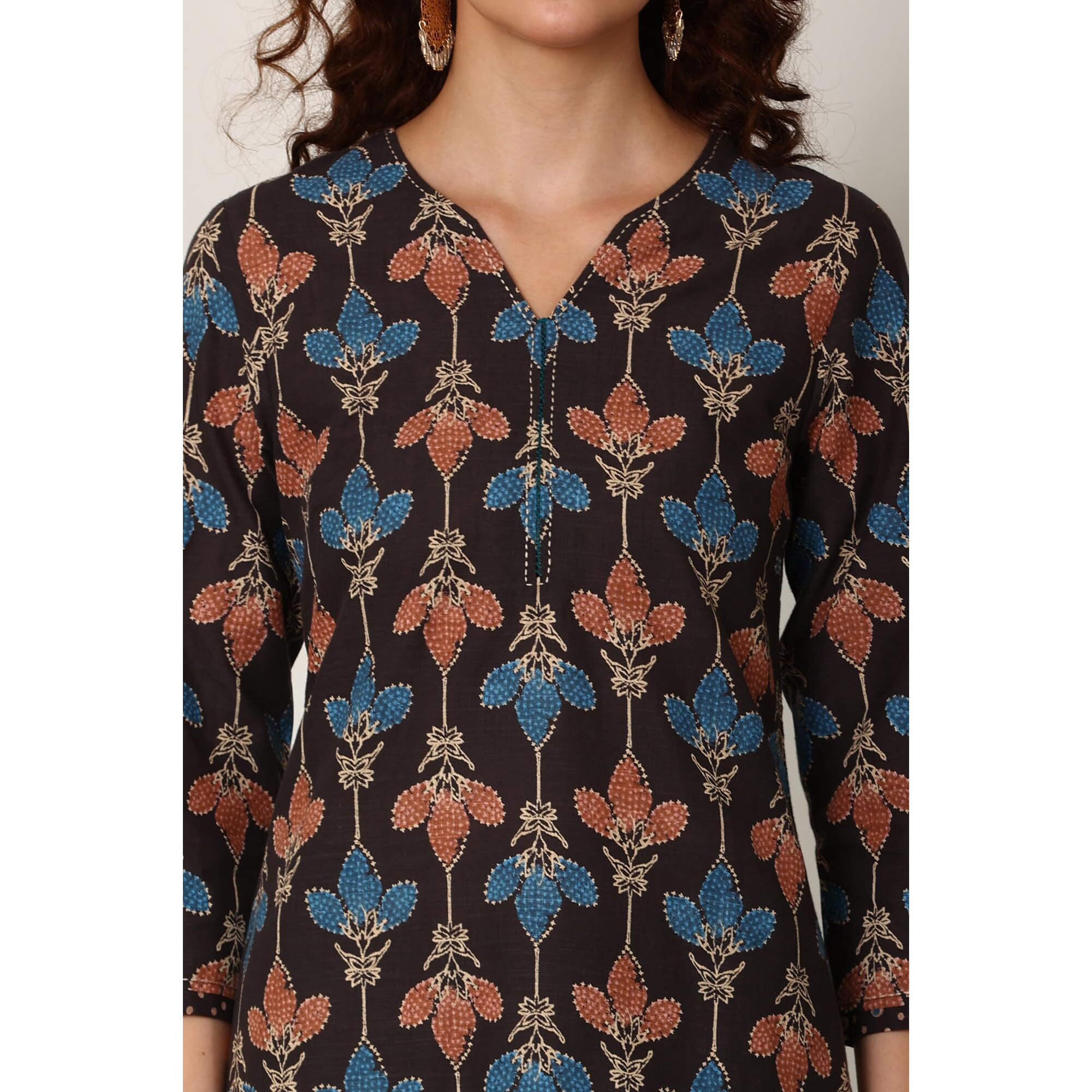W For Woman Black Floral Printed Pure Cotton Kurta And Pants Co-Ord Set (Size Xxl)-24Auws11934-124955