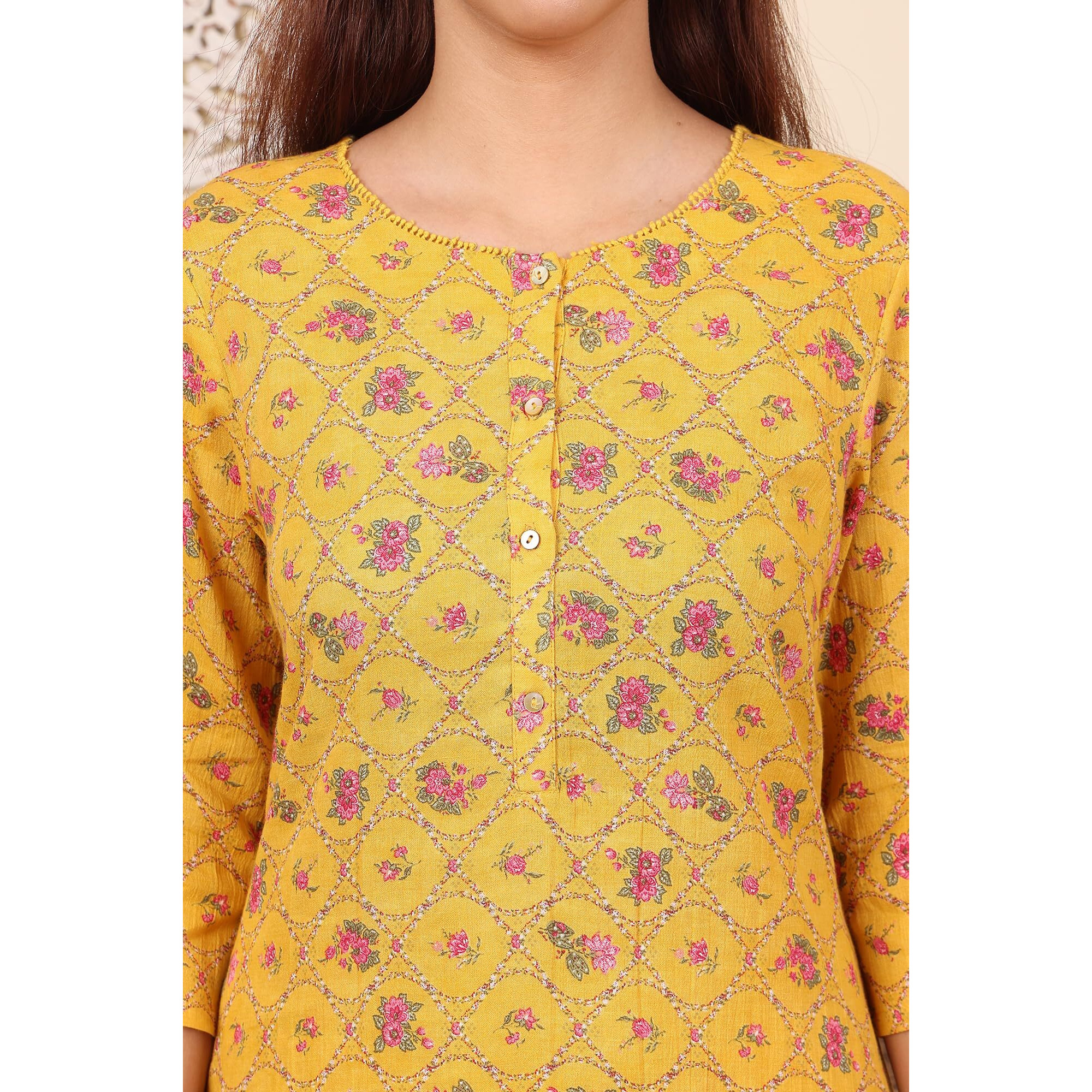 W For Woman Yellow Floral Printed Pure Cotton Kurta And Pants Co-Ord Set (Size Xxl)-24Auws12214-124769