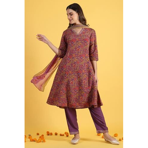 W For Woman Purple Printed Flarred A-Line Kurta & Straight Pant With Dupatta Set (Size M)-24Auws12009-124751
