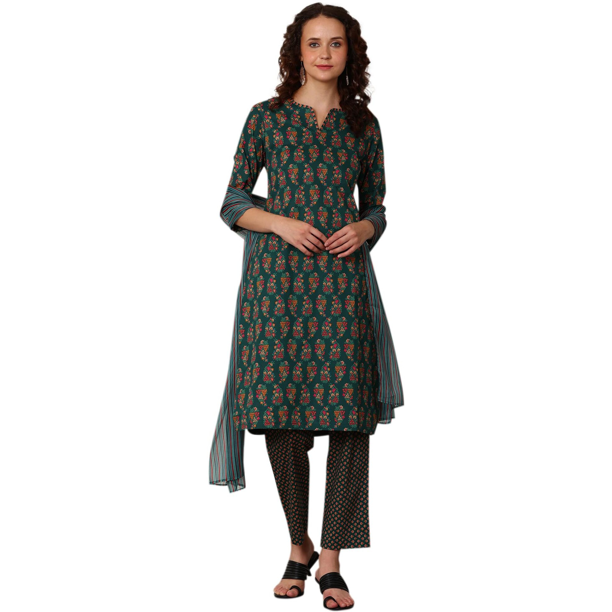 W For Woman Bottle Green Floral Printed Pure Cotton Kurta, Pants And Dupatta Set (Size S)-24Auws12012-124828