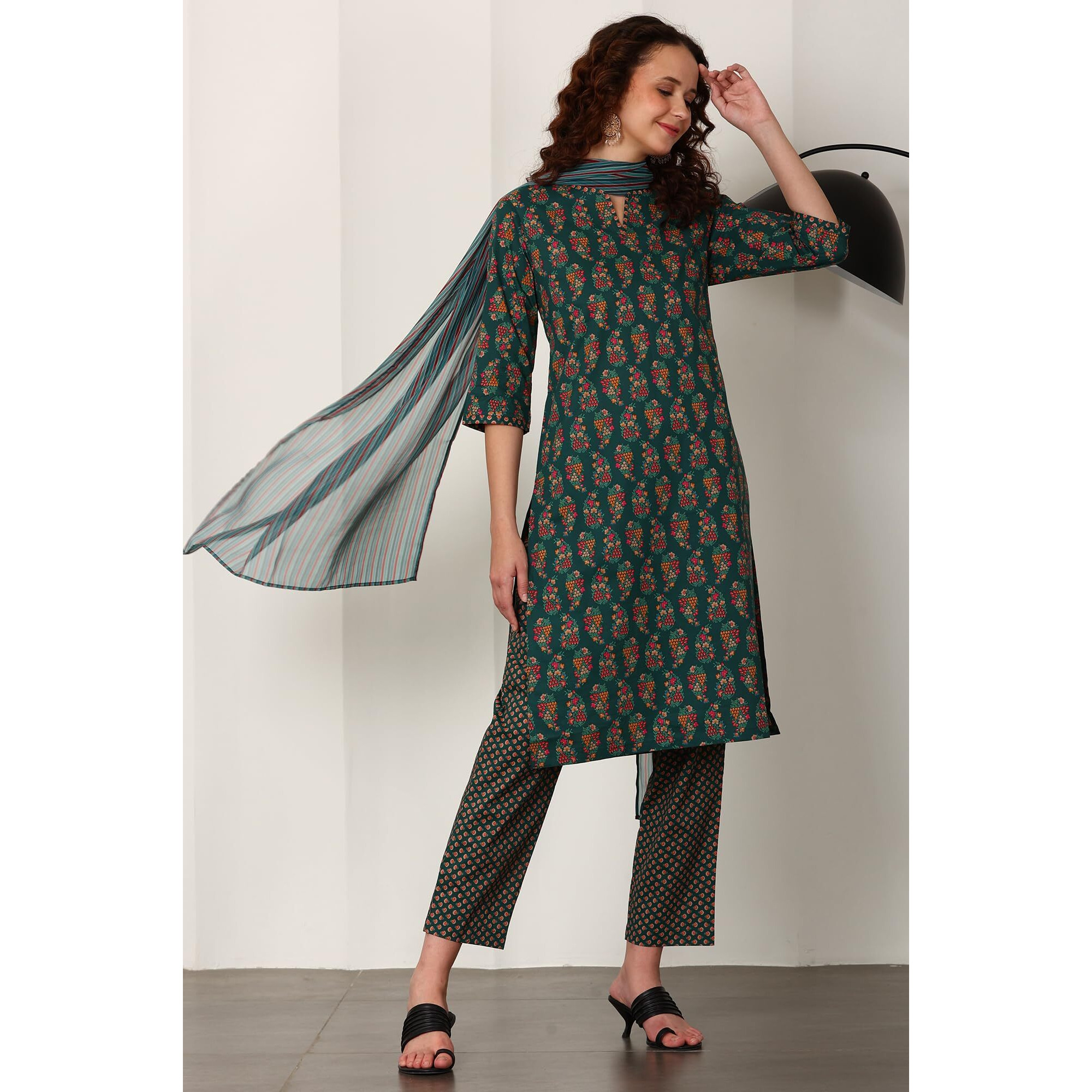 W For Woman Bottle Green Floral Printed Pure Cotton Kurta, Pants And Dupatta Set (Size S)-24Auws12012-124828