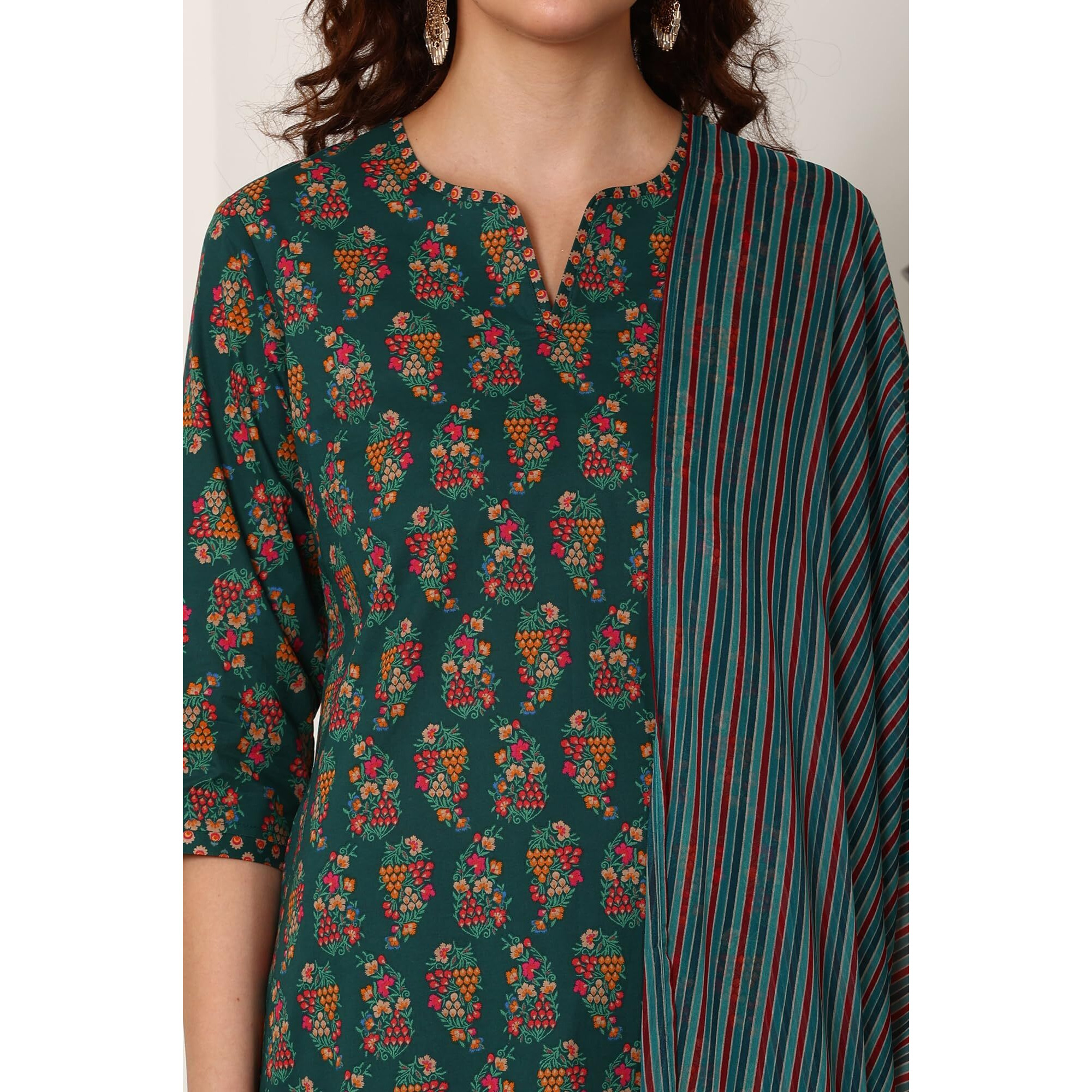 W For Woman Bottle Green Floral Printed Pure Cotton Kurta, Pants And Dupatta Set (Size S)-24Auws12012-124828