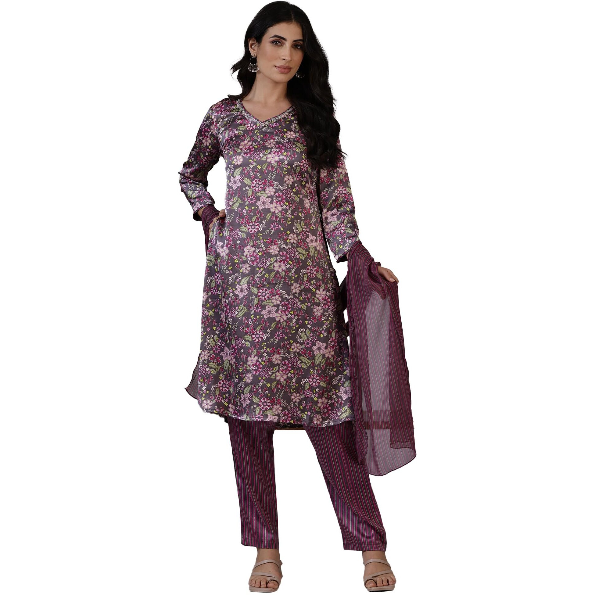 W For Woman Dark Plum Floral Printed Straight Kurta, Pants And Dupatta Set (Size M)-24Auws12141-124937