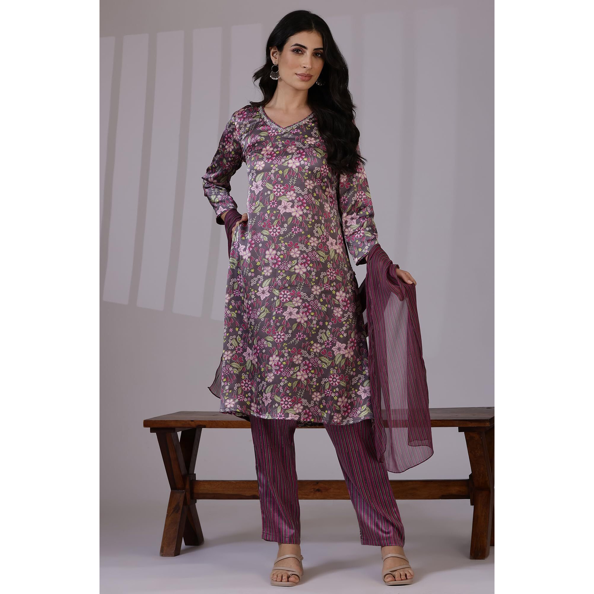 W For Woman Dark Plum Floral Printed Straight Kurta, Pants And Dupatta Set (Size M)-24Auws12141-124937