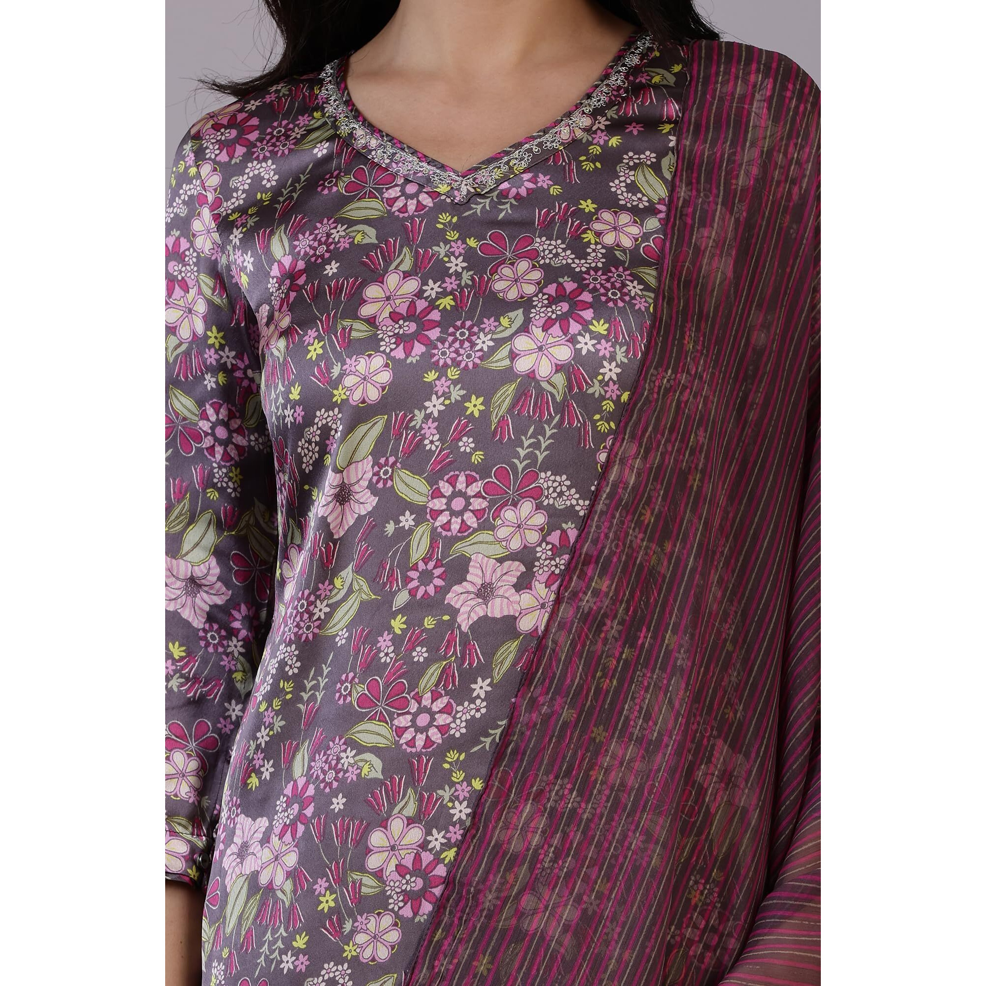 W For Woman Dark Plum Floral Printed Straight Kurta, Pants And Dupatta Set (Size M)-24Auws12141-124937