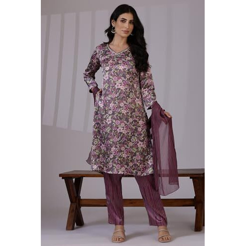 W For Woman Dark Plum Floral Printed Straight Kurta, Pants And Dupatta Set (Size Xl)-24Auws12141-124937