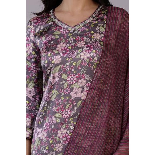 W For Woman Dark Plum Floral Printed Straight Kurta, Pants And Dupatta Set (Size Xl)-24Auws12141-124937