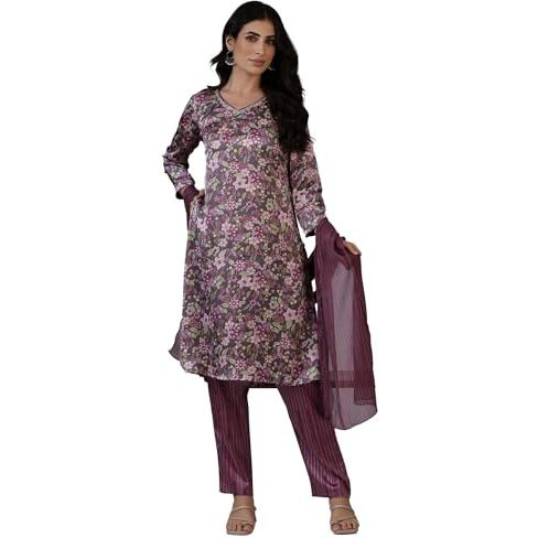 W For Woman Dark Plum Floral Printed Straight Kurta, Pants And Dupatta Set (Size 3Xl)-24Auws12141-124937