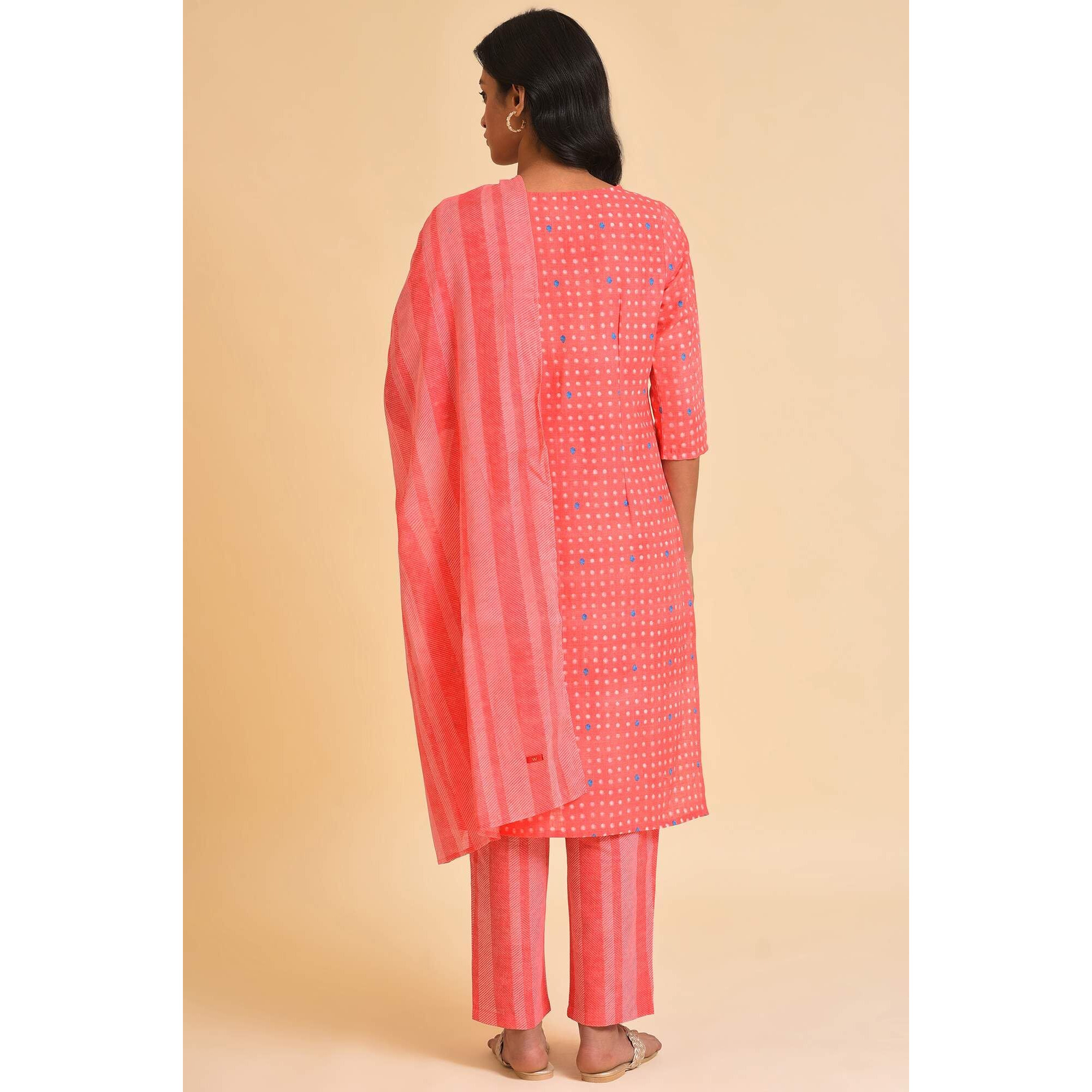W For Woman Geometric Printed Straight Pure Cotton Kurta, Pants & Dupatta Co-Ord Set