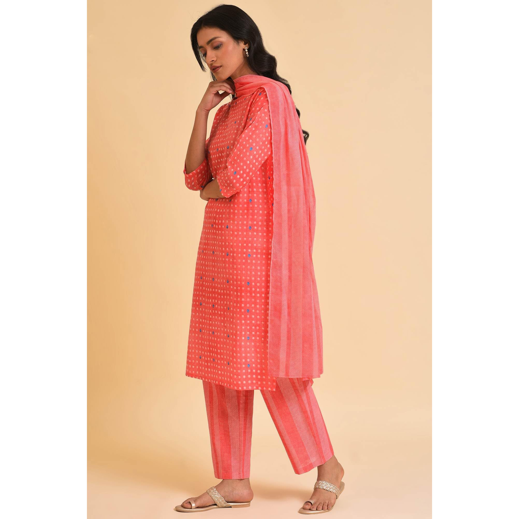 W For Woman Geometric Printed Straight Pure Cotton Kurta, Pants & Dupatta Co-Ord Set