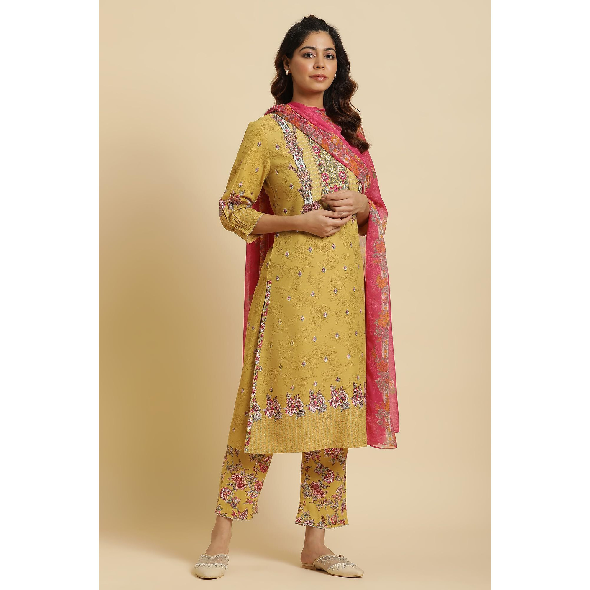 W For Woman Yellow Floral Printed Kurta, Pants And Pink Dupatta Set_24Auws19723-121076_S