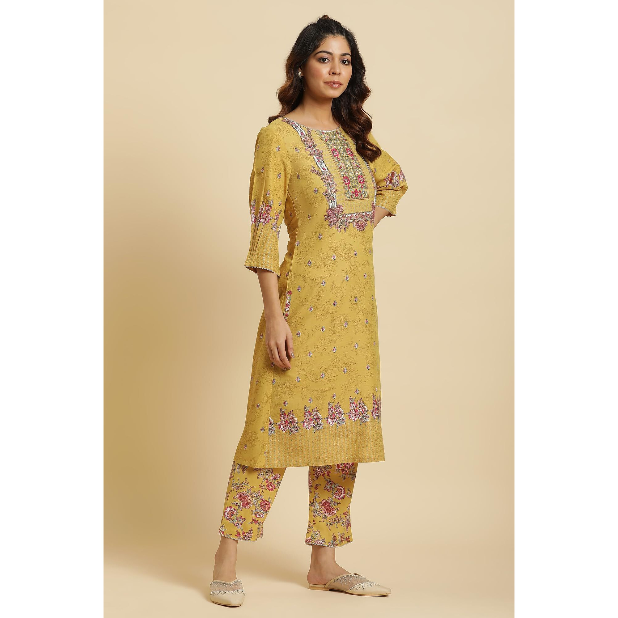 W For Woman Yellow Floral Printed Kurta, Pants And Pink Dupatta Set_24Auws19723-121076_S