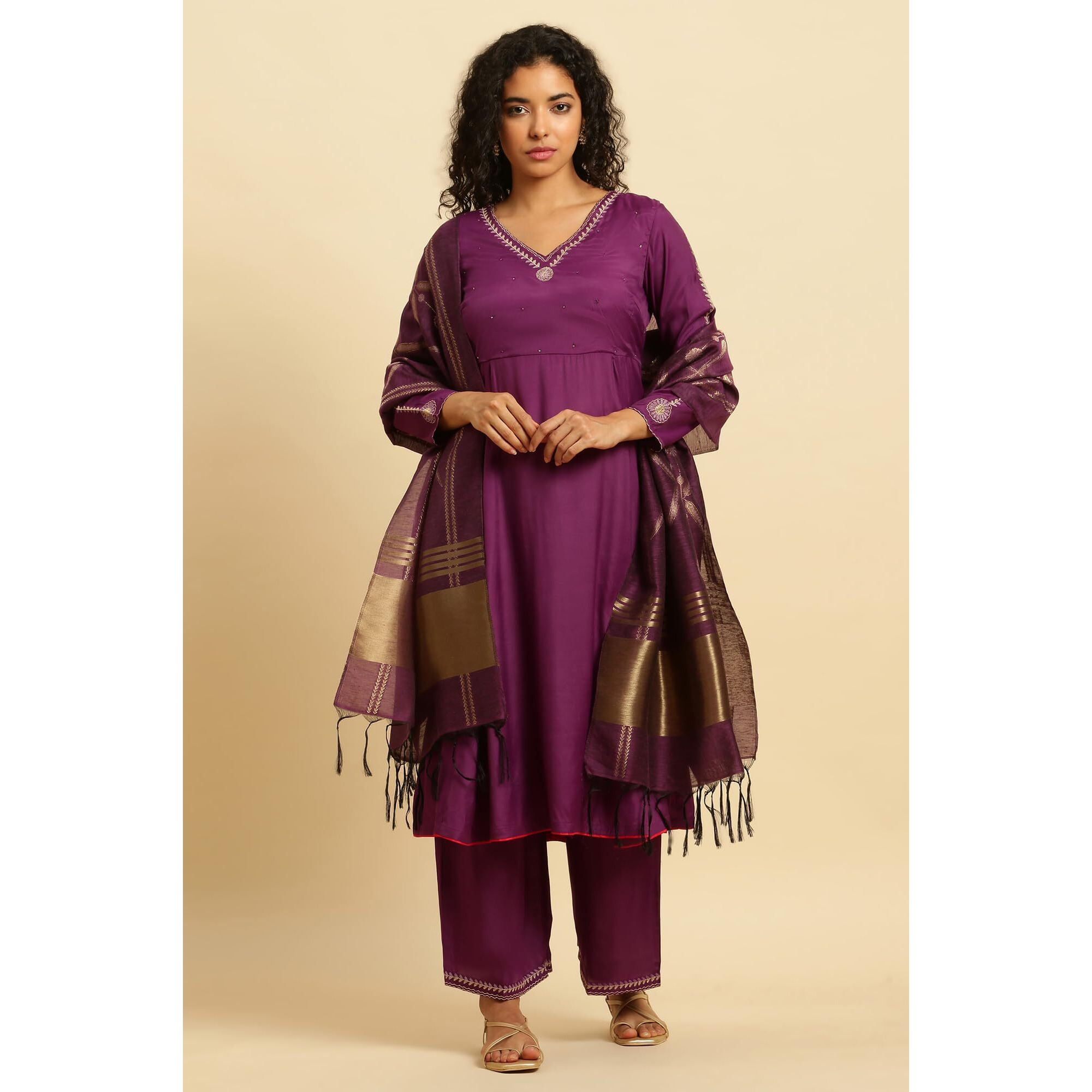 W For Woman Purple Anarkali Festive Kurta, Parallel Pants And Dupatta Set_24Auws19526-220316_2Xl