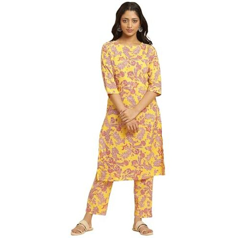 W For Woman Yellow Floral Printed Cotton Kurta And Pants Co-Ord Set_24Auws10341-122697_L