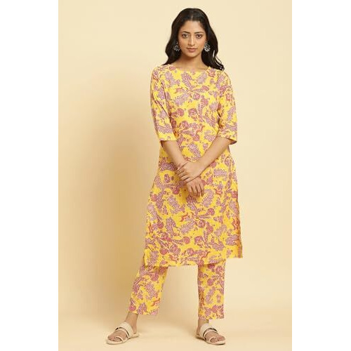 W For Woman Yellow Floral Printed Cotton Kurta And Pants Co-Ord Set_24Auws10341-122697_L