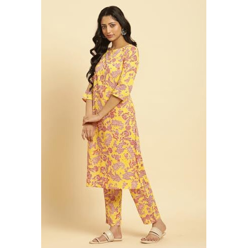 W For Woman Yellow Floral Printed Cotton Kurta And Pants Co-Ord Set_24Auws10341-122697_L