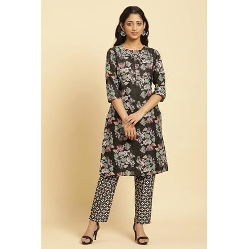 W For Woman Black Floral Printed Kurta And Pants Set (Size Xl)-24Auws10336-122683